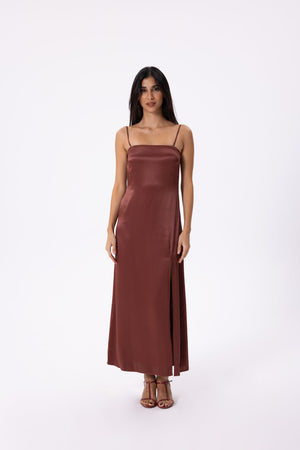 Eloise Long Satin Dress<span> - </span>Hot Chocolate, M image